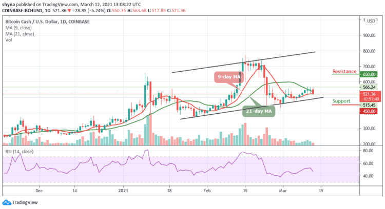 BCH/USD Down By 5.24%; Price Dips Below $520 Support